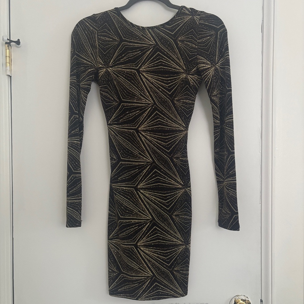 Windsor Black Dress with Gold Geometric Sparkle - Long Sleeve Bodycon
